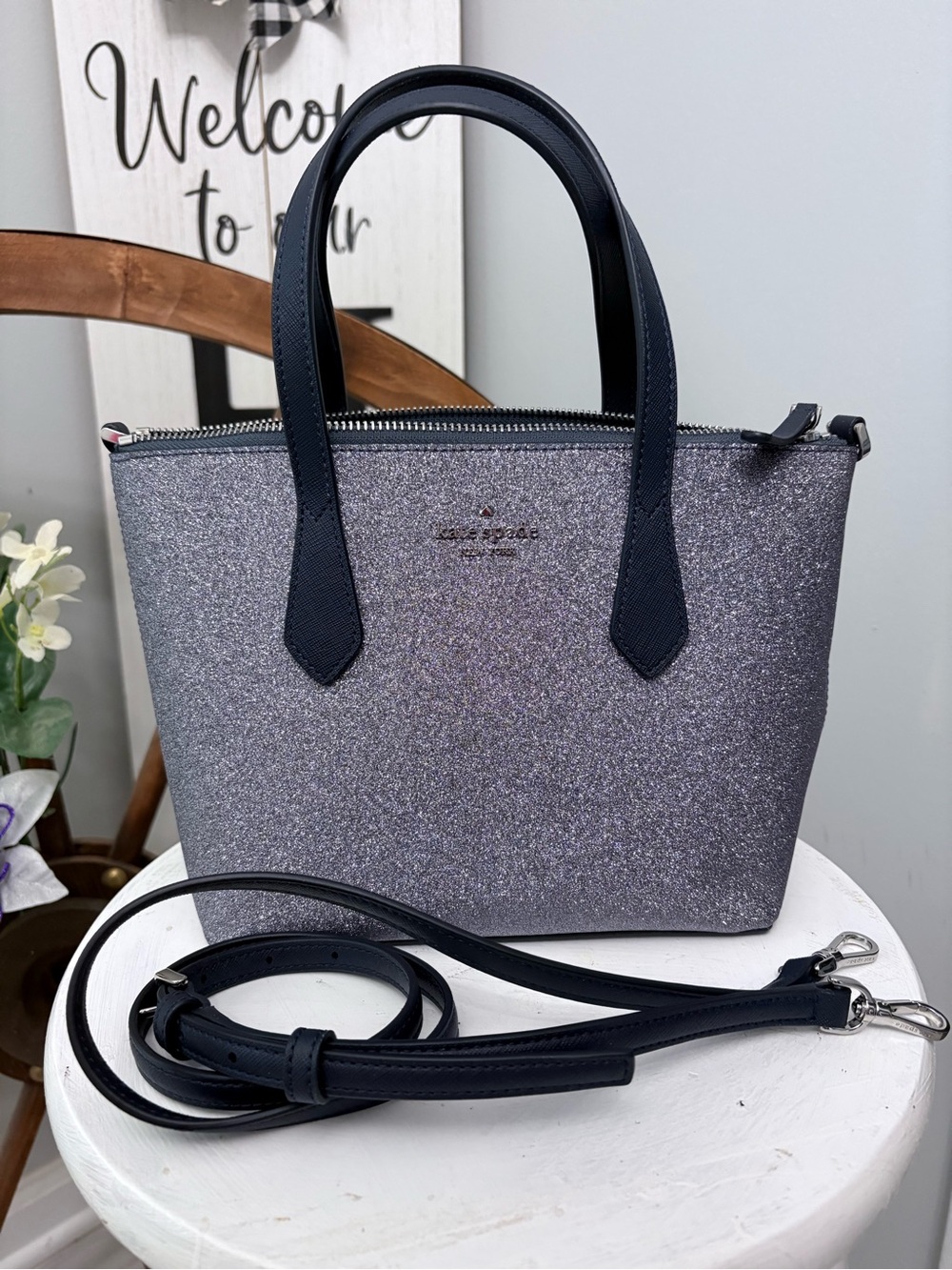 Kate Spade Joeley Silver Glitter Crossbody Tote with Navy Sparkle Trim ♠️